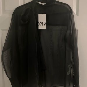 ZARA WOMAN NWT FW22 BLACK ORGANZA BLOUSE WITH TIE SIZE XL 9110/980